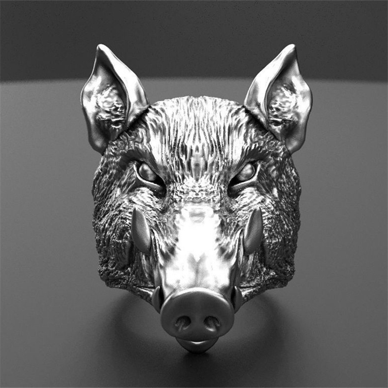 Cincin Desain Kepala Boar Gaya Retro Punk Untuk Pria