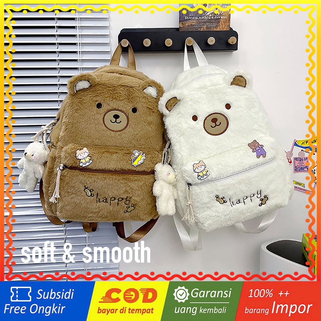 4.4 TAS RANSEL BULU NEW WYK104 Tas Ransel Wanita Bulu Muka Beruang Face Bear Backpack Feather Import