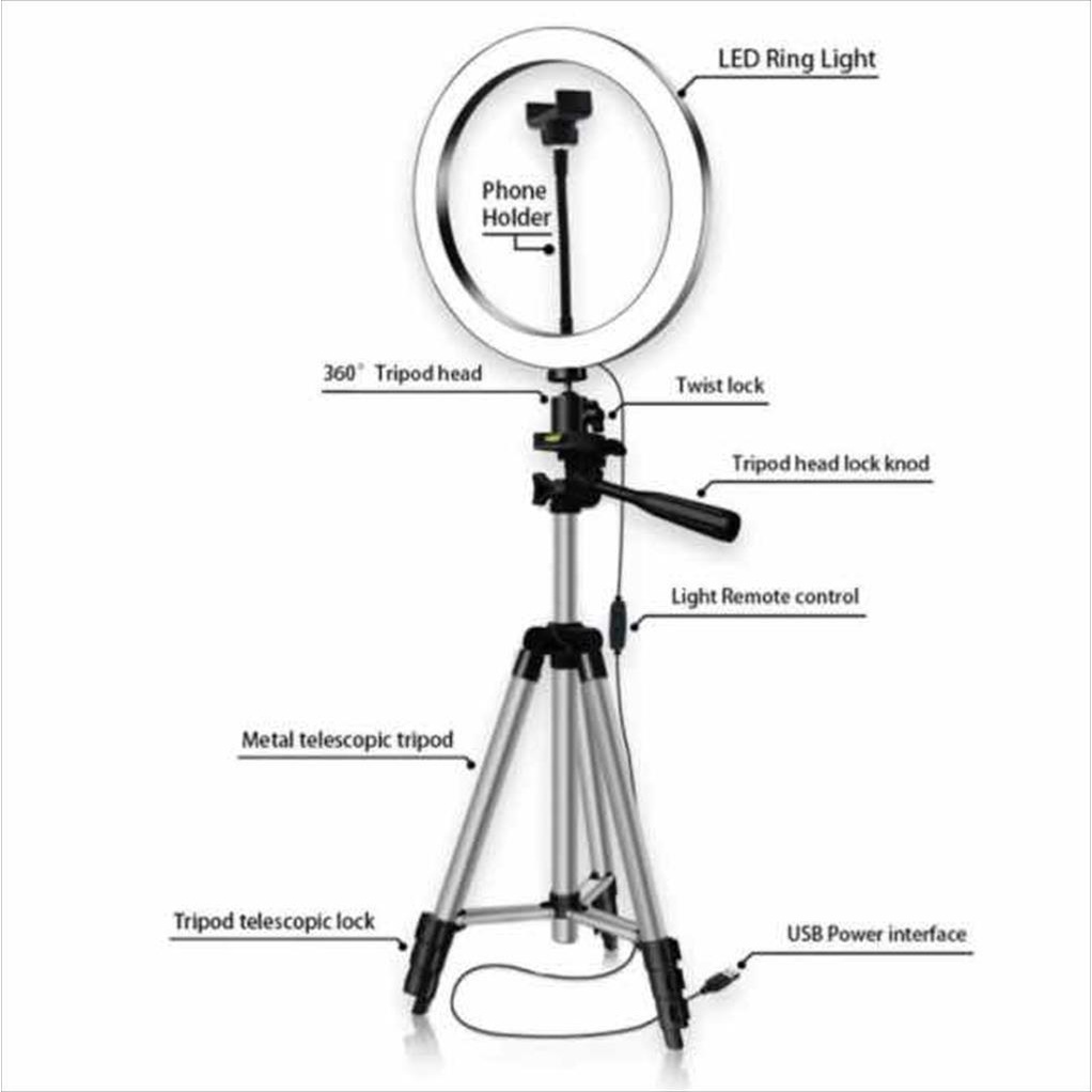 Ringlight 26cm + Tripod 3110 Selfie Make Up Live Vlog Lampu Ring light