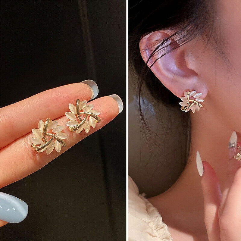 Fashion Gold Flower Opal Crystal Stud Earrings Hooks Water Drop Dangling Female Jewelry