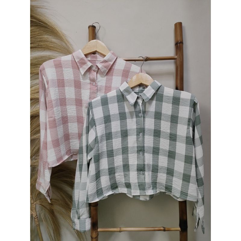 Kemeja Crop Tartan Kemeja Crop Shirt Crinkle Kotak Alika Blouse Crinkle