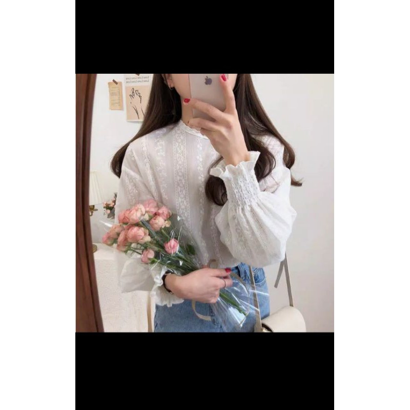 newkoou renda renda wanita korea atasan lengan panjang