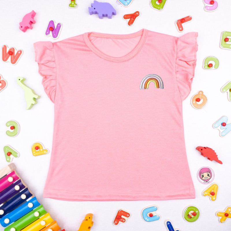 KAOS ANAK CEWEK KAOS RUFFLE TEE RAINBOW ANAK PEREMPUAN 1-5 Thn / Baju Kaos Cewek Model Tangan kupu-kupu