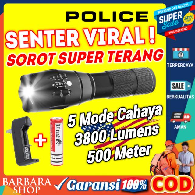 Senter LED Super Terang Cree E17 XM-L T6 Taffware 2000 Lumens Jarak Jauh 500 meter Outdoor