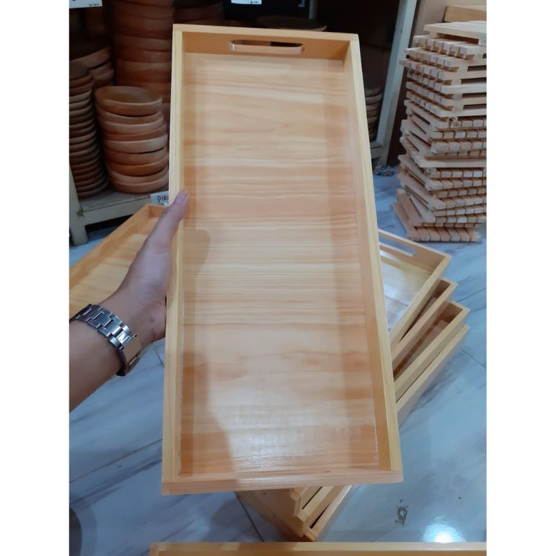 Baki Kayu/Nampan kayu/Tray kayu pinus panjang 46x20x4cm pegangan datar