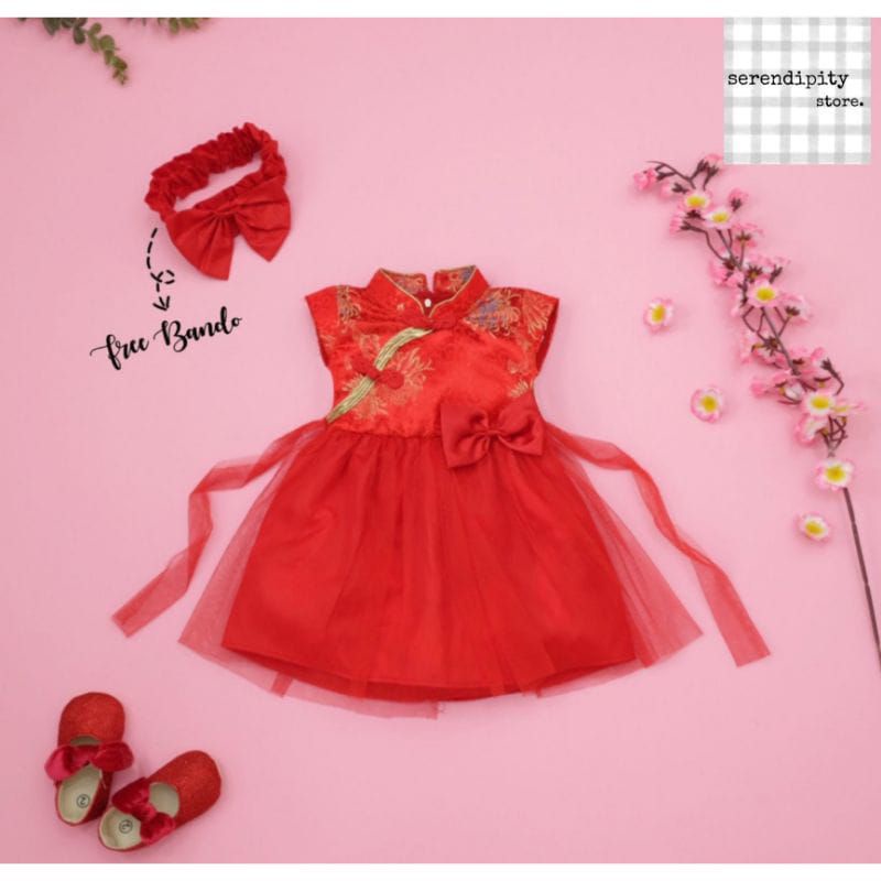 Dress cheongsam premium anak 0-3 tahun free tas bando / dress china anak / dress imlek anak / BAJU Qipao anak/ Baju Imlek anak perempuan Peacock/Merak