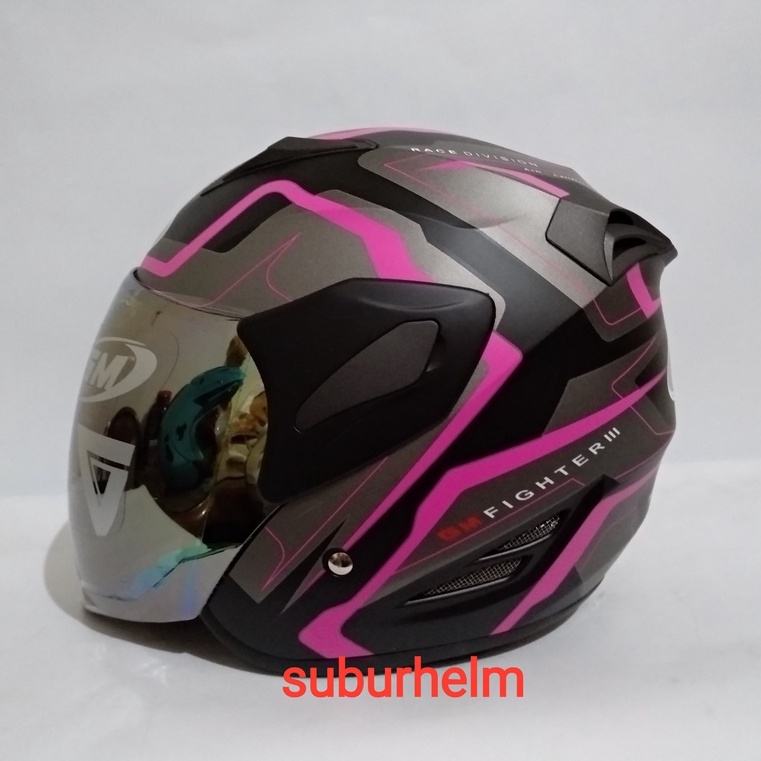 HELM  GM  FIGHTER   GV2    BLACK PINK  DOFF  SINGLE VISOR  HALF FACE  SNI  DEWASA
