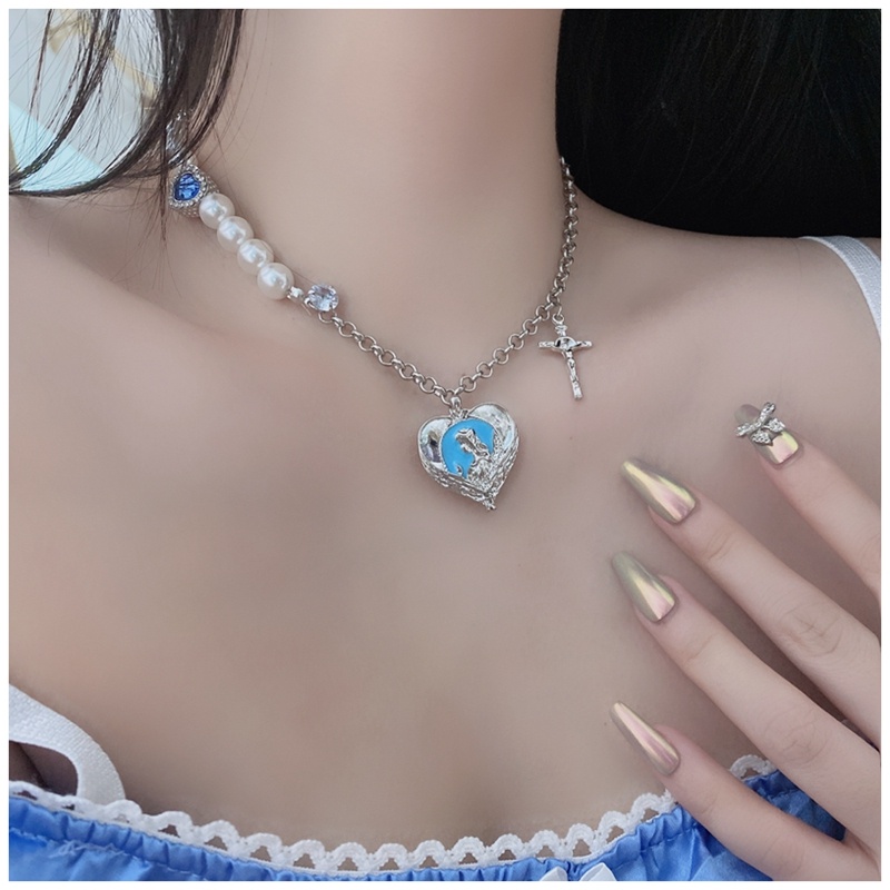 Kalung Rantai Klavikula Hias Mutiara Warna Biru Gaya Retro