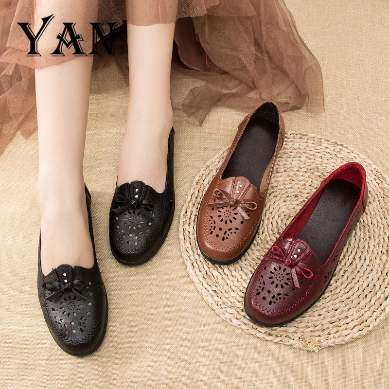 YAN Sepatu Flat Shoes Wanita Kulit Sepatu Slip On Terbaru Sepatu Kantor Nyaman Bernapas