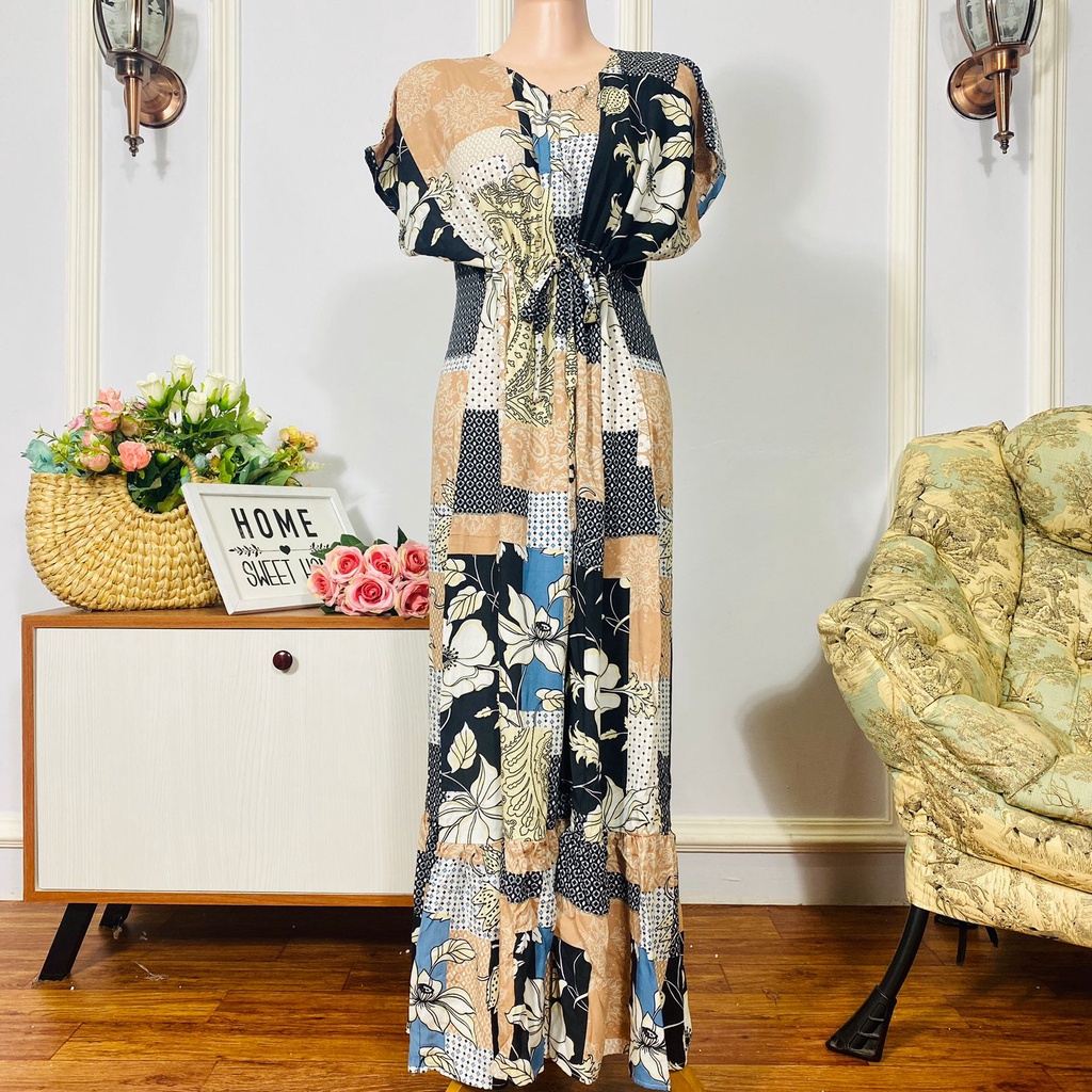 Daster Semata kaki Rayon Manohara Ruffle Busui Panjang Semata Kaki LD 120 Long Dress kekinian - Longdress semata kaki-PatchWork Flower