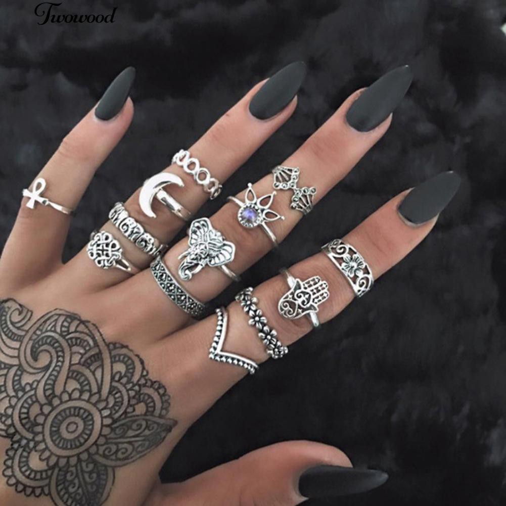 Set 10Pcs Perhiasan Cincin Knuckle Midi Retro Boho Desain Gajah