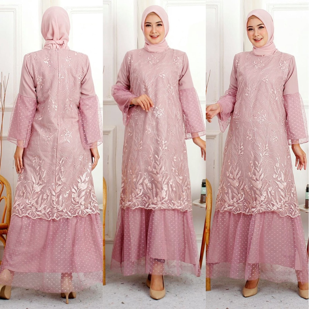 Gamis Bilqis Brukat Tile Mix Tille Dotty Maxi Dress Fashion Muslim Mewah Pesta Kondangan Murah