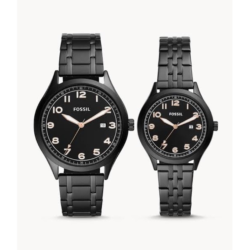 BQ2471 His and Her Wylie Three-Hand Black Stainless Steel Watch Box Set Fossil couple