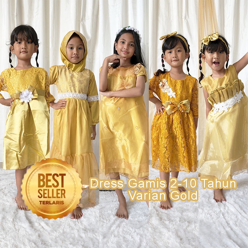 Dress Gold Anak Perempuan 4 5 Tahun Gaun Tutu Brukat Warna Gold Baju Pesta Mewah Impor Bahan Premium KA03