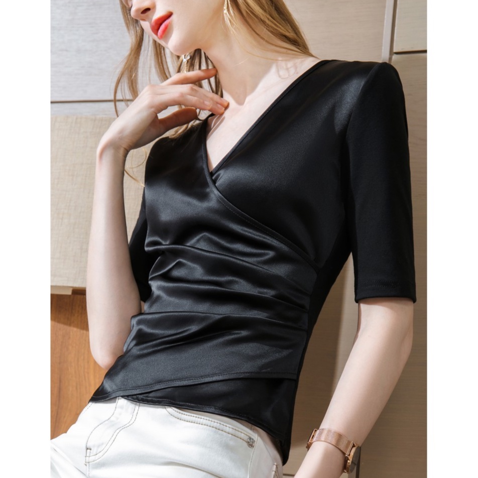 【Moon Blush】Korean Halus Lembut Solid Fold V-neck Satin Blouse 7237