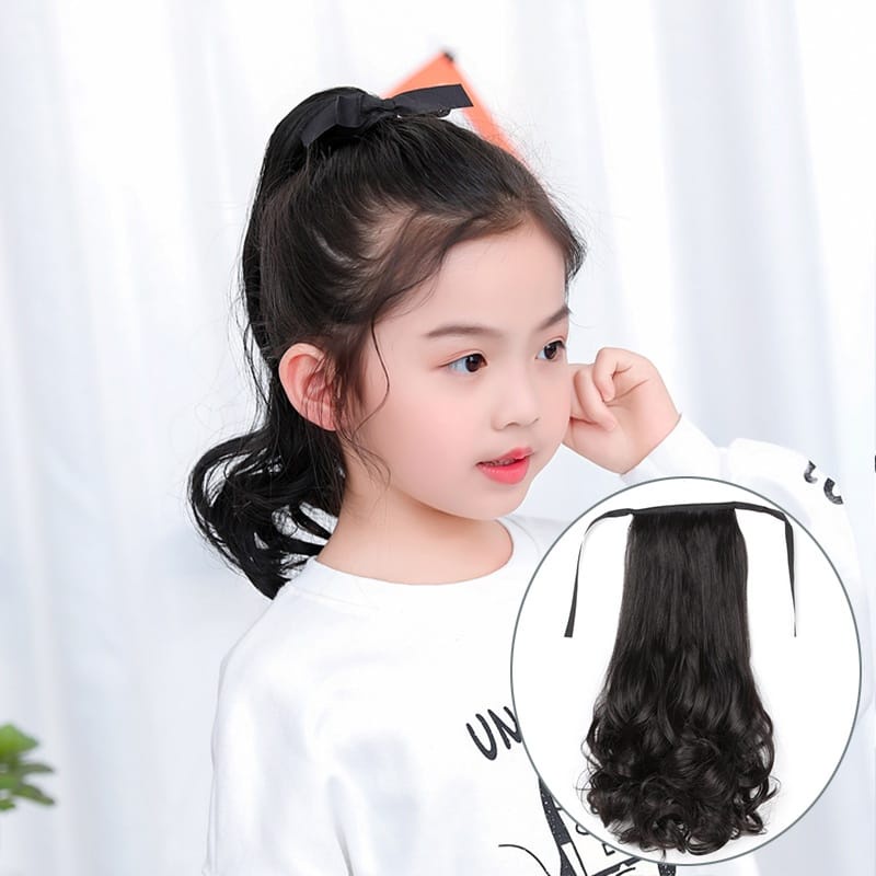 HZ Wig Ponytail Anak Rambut Palsu Extension Hair Clip Ponytail Model Pendek Keriting 38cm Ponytail Curly Tali