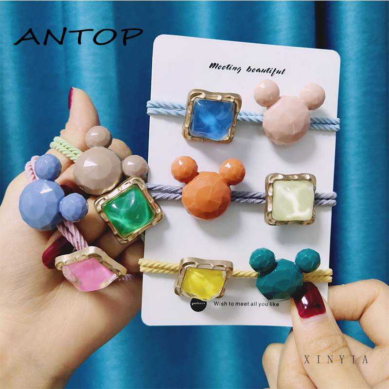 Ikat Kepala Bahan Karet Desain Mickey Mouse Aksen Kristal Berlian Imitasi Gaya Korea Untuk Wanita ANTOP