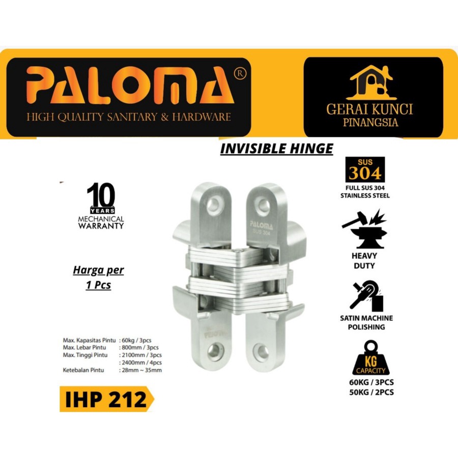 invisible hinge concealed paloma IHP 212 engsel tanam jendela SUS 304