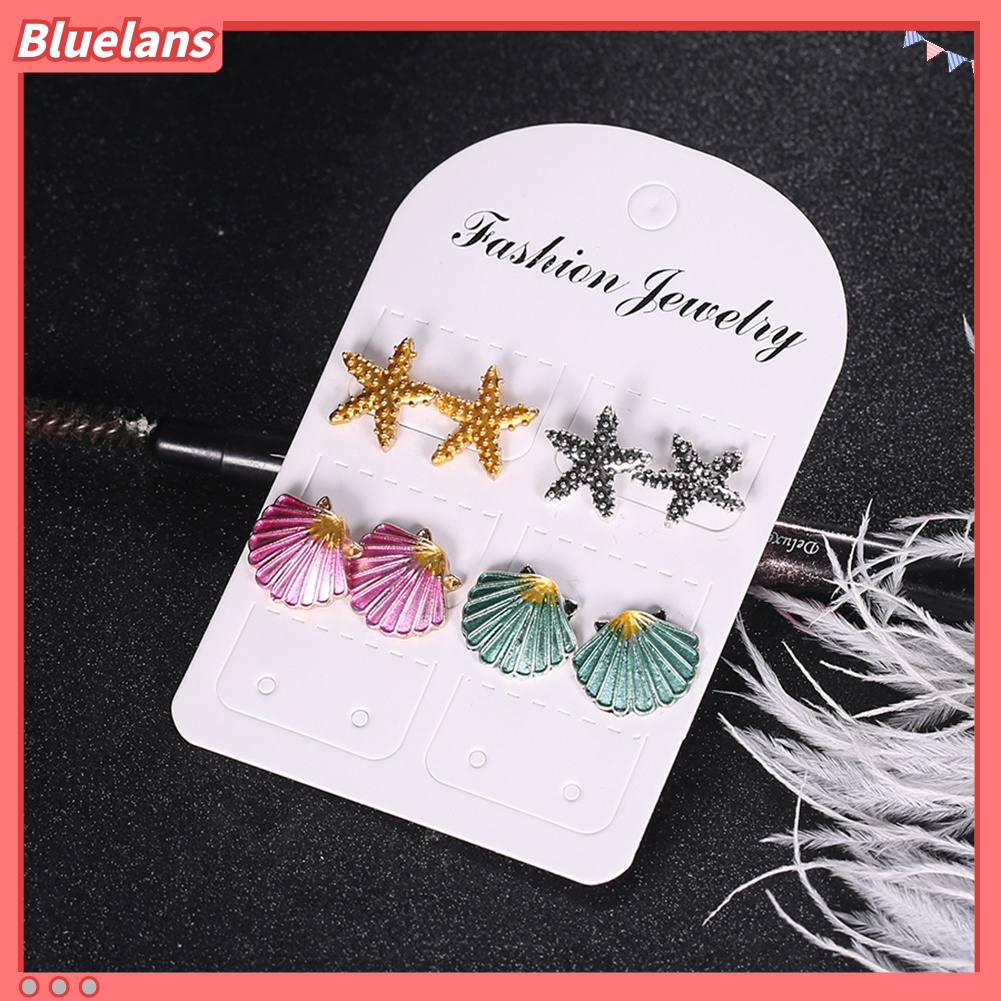 Bluelans 4 Pairs Boho Women Starfish Shell Stud Earrings Set Summer Jewelry Accessories