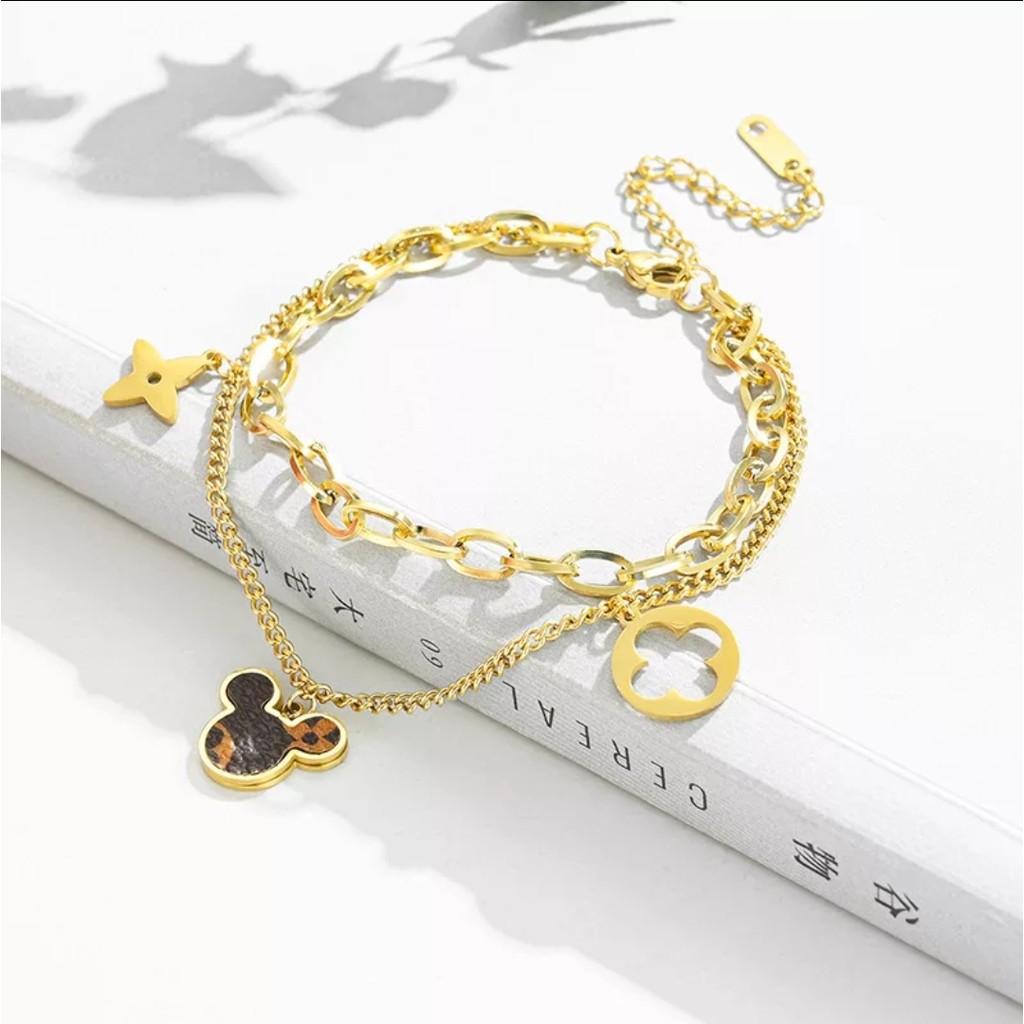 Gelang Titanium Rantai 2 Leyer Mickey L* Kulit Sintetis Warna Rose Gold, Gold dan Silver