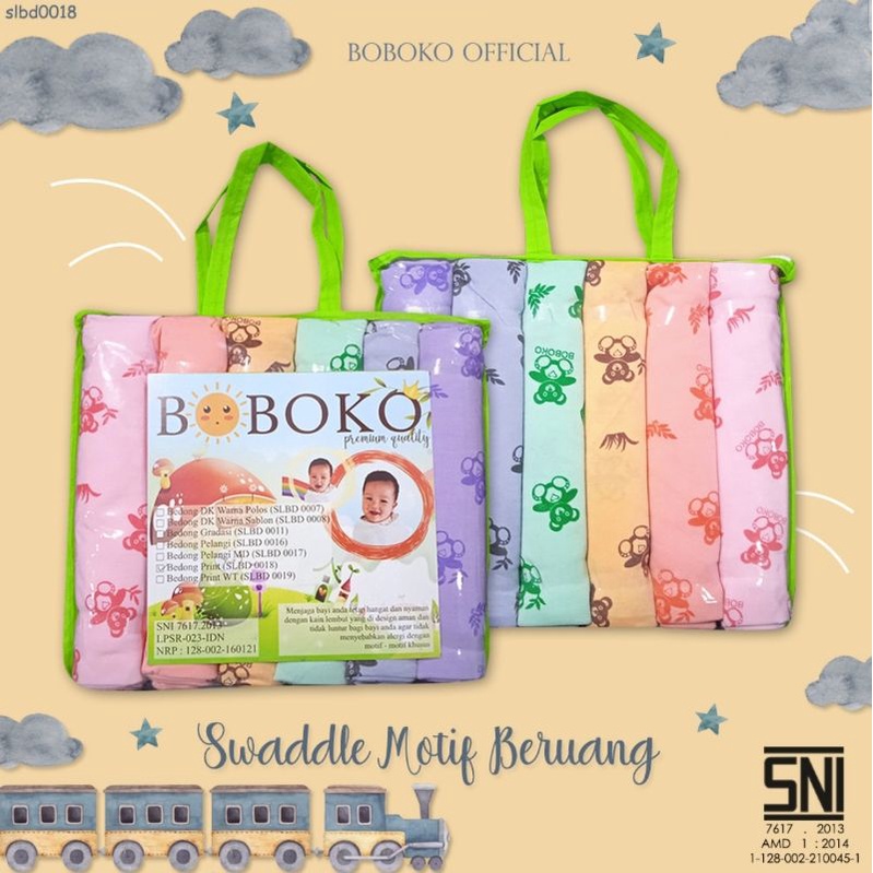 Bedong Bayi Boboko Motif Beruang dan Warna Print set isi 6 pcs