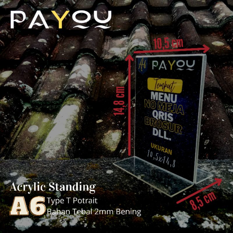 

Acrylic Standing A6 Type T Potrait/ Tempat QRIS/ Tempat Brosur/ Tempat Menu/ Tempat No Meja