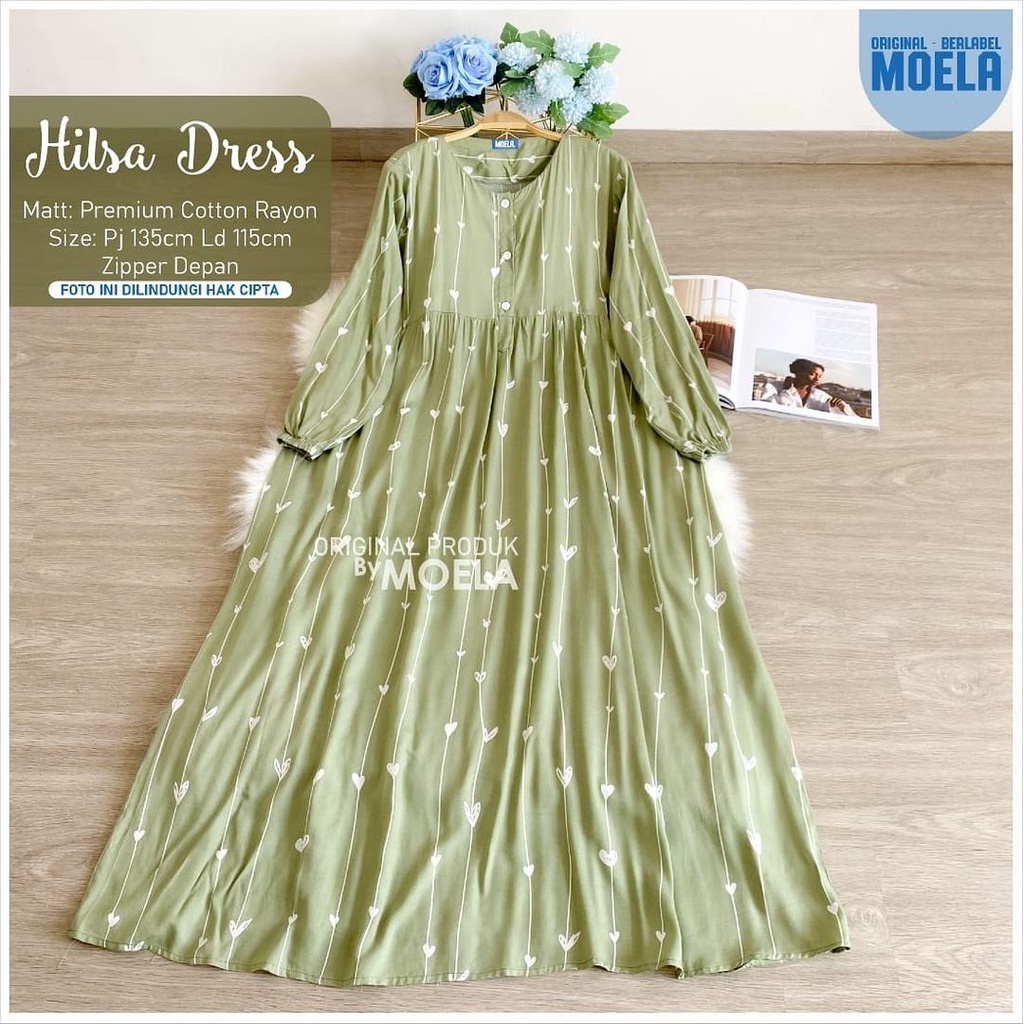 BISA COD GAMIS HILSA LOVE GREEN BAHAN RAYON TERBARU / GAMIS WANITA BAHAN RAYON