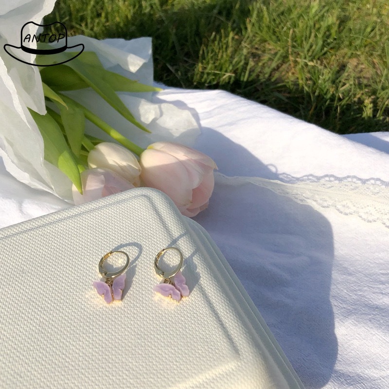 Antop！6 Warna Mode Korea Anting Kupu-kupu Lady Kupu-kupu Pendant Earrings Acrylic Drop Earrings Hoop Gadis Perhiasan