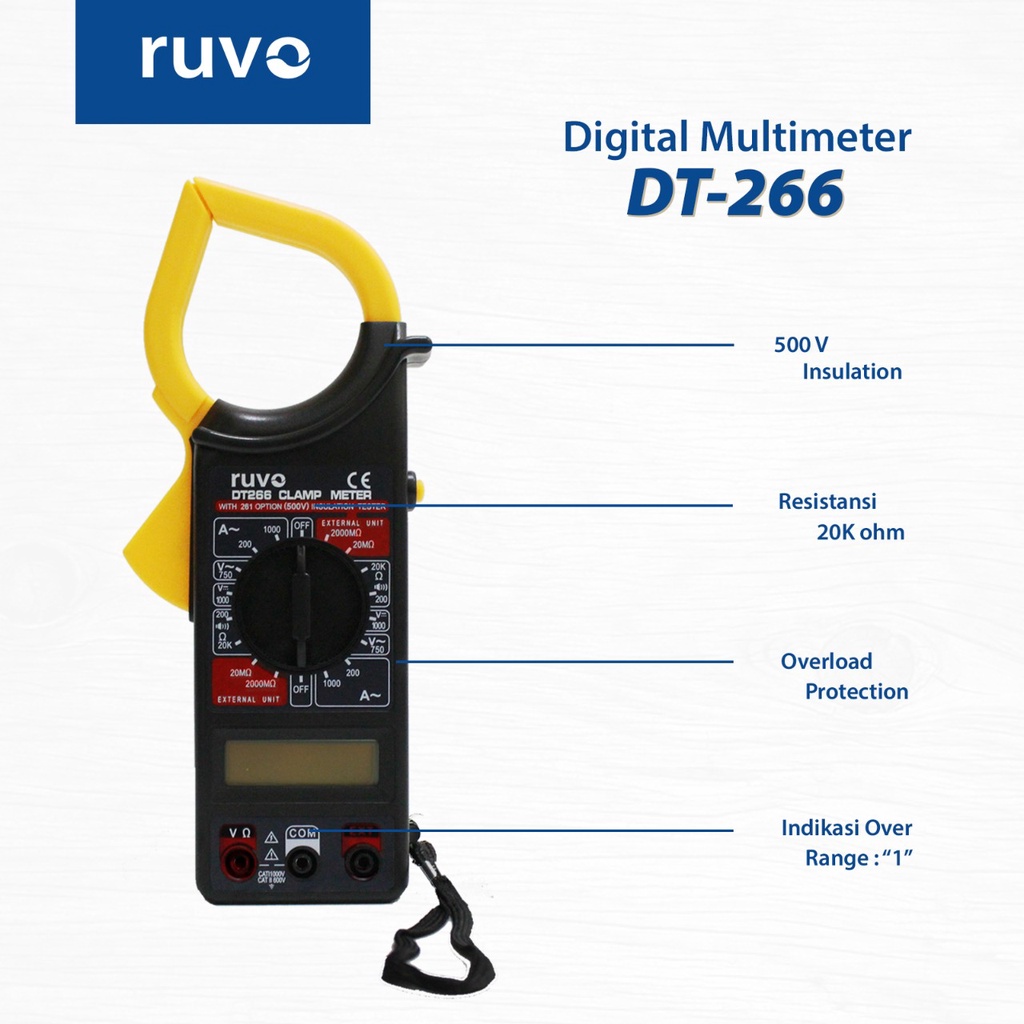 RUVO Tang Ampere Digital Multimeter / Alat Ukur Arus Tegangan Listrik Clamp Multi meter DT266 Multit