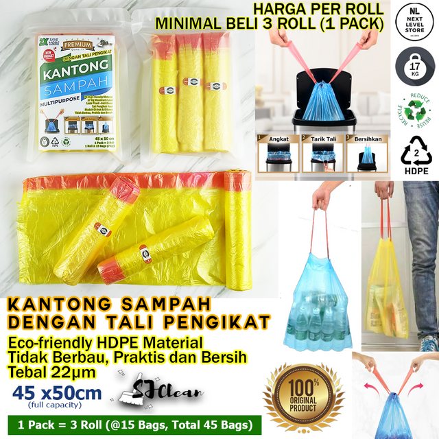 Premium Trash Bag 45x50 cm | 1 Pack (3roll) 45pcs | Kantong Sampah Pengikat Tali Roll Ikat - Kuning