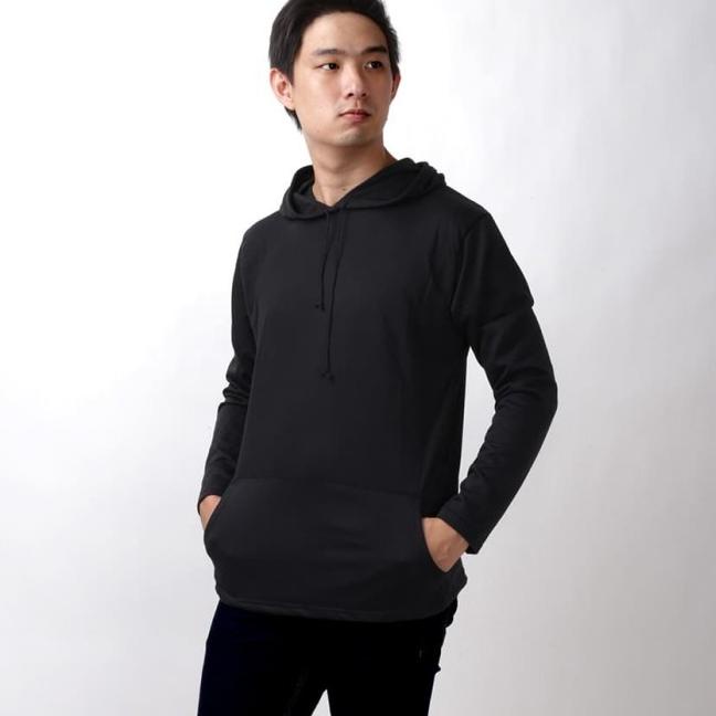 ۝ Elfs - Kaos Pria Lengan Panjang Hoodie Kantong Terry Polos - Abu Tua, XXL ♖