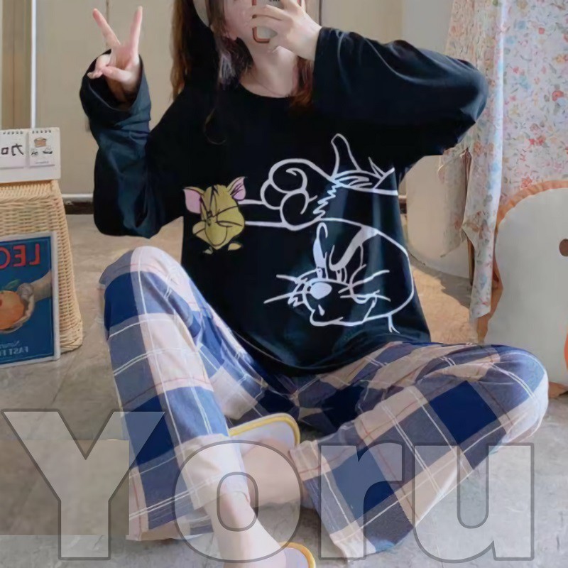 Pamelo PP786 Stelan baju tidur Import Baju Tidur Wanita Panjang PP Import Spandek PP10 PPJ-PP10 Tom jeri hitam