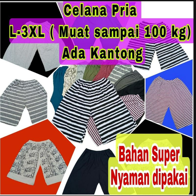 Celana Pendek Unisex (  Pria &amp; Wanita) di bawah Lutut, bahan kaos stretch size L-5XL ( Muat sampai 100kg) - Celana rumah Pria