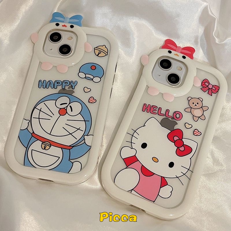 IPHONE Kartun Lucu Hello Kitty Doraemon Pasangan Case Kompatibel Untuk Iphone6 6S 14 7 8 Plus 11 13 12 14 Pro MAX XR X XS MAX Se2020 3D Bow-knot Monster Kecil Lensa Shockproof Soft Cover