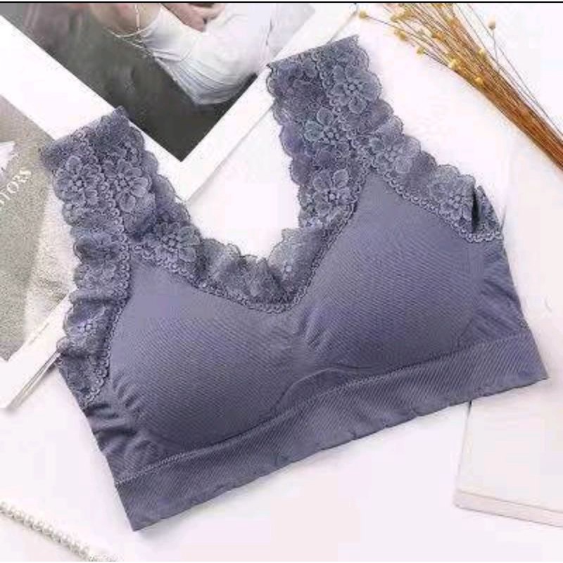 Bra BH Renda Busa Tanpa Kawat Spons Kupu V Neck Aksen Hem Lace Pakaian Dalam Olahraga Sport Zoga Zum