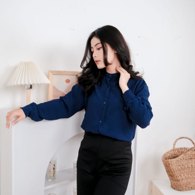 Reva Blouse Cringkle - Kemeja Blouse - Kemeja Polos - Atasan Wanita - Oneck Longsleeve