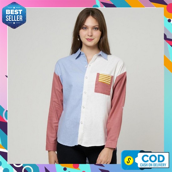 Kemeja Linen Olivia Wanita Polos Casual Lengan Panjang Oversize Shirt  Monellina 601337 Kemeja Wanit