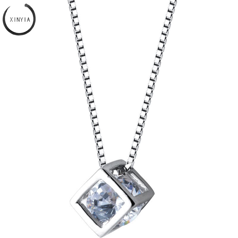 Kalung Alloy Anti Karat Crystal Rantai dengan Liontin Batu Zircon Bentuk Kotak untuk Wanita