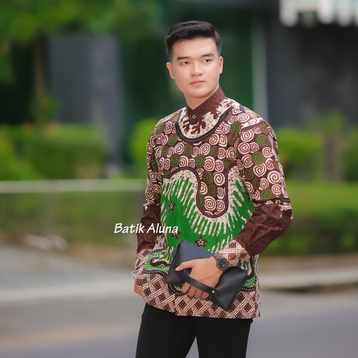 Baju Muslim Pria Lengan Panjang Premium Baju Koko Kurta Dewasa Lengan Panjang Kombinasi Batik Material Cotton Adem Serap Keringat BY FASHION BATIK ALUNA