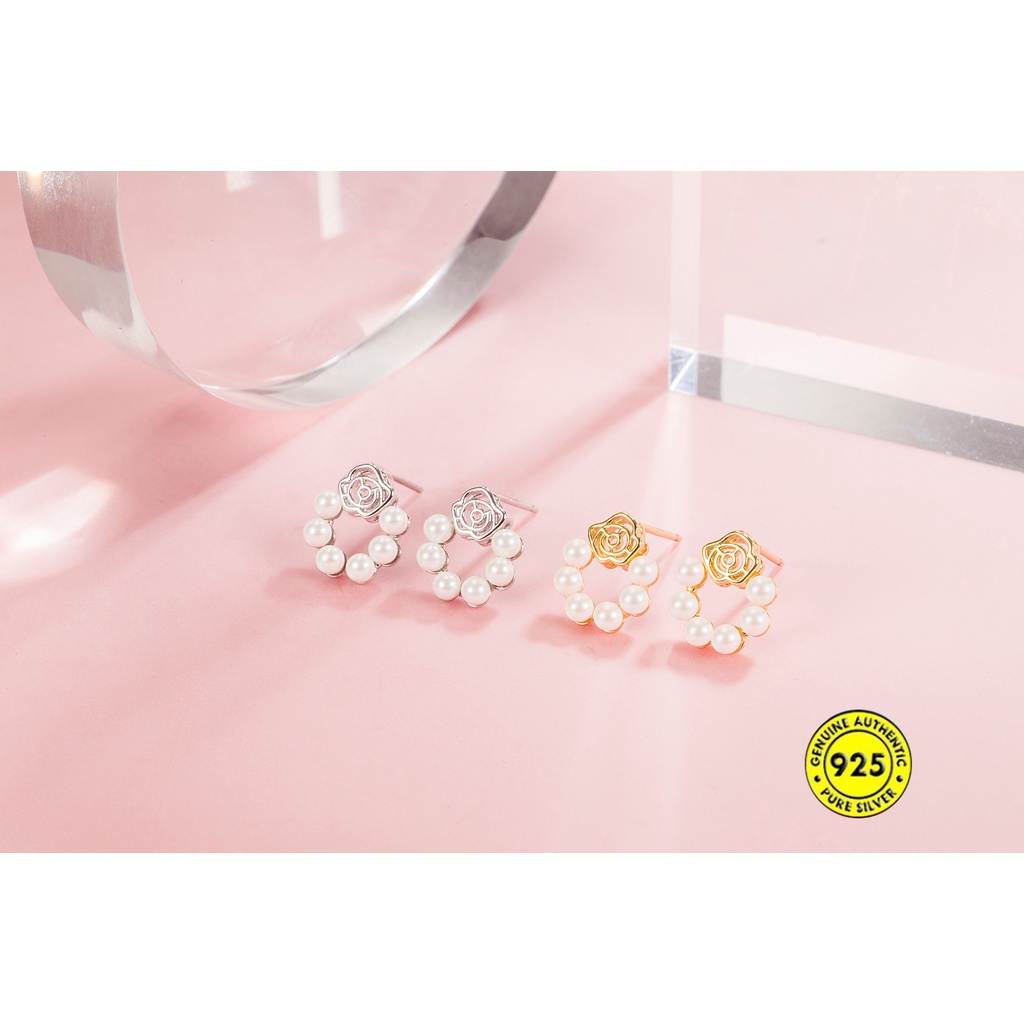 Anting Tusuk Sterling Silver 925 Model Bunga Mawar Dengan Mutiara Untuk Wanita U929