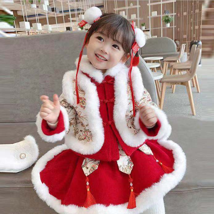 Hanfu girls' Tang costumes Winter Chinese style children's cheongsam Han Chinese clothing suits thic