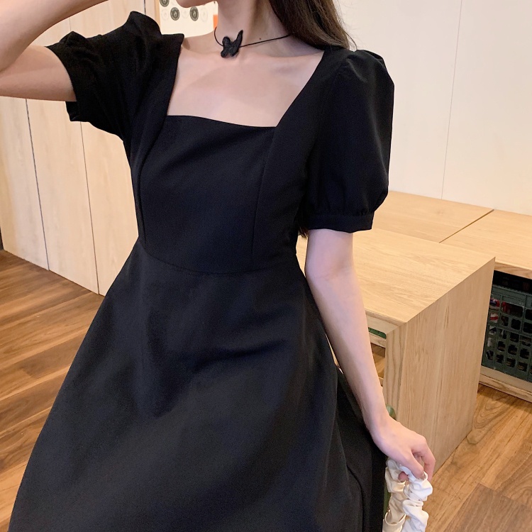 Versi korea fashion temperamen gaun lengan pendek maxi hitam minimalis untuk wanita