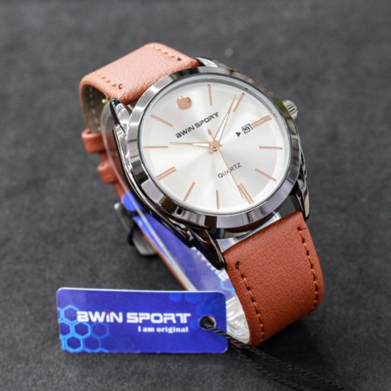 Jam Tangan Pria Bwin sport B633 strap kulit kaca cembung tanggal aktif bwin sport