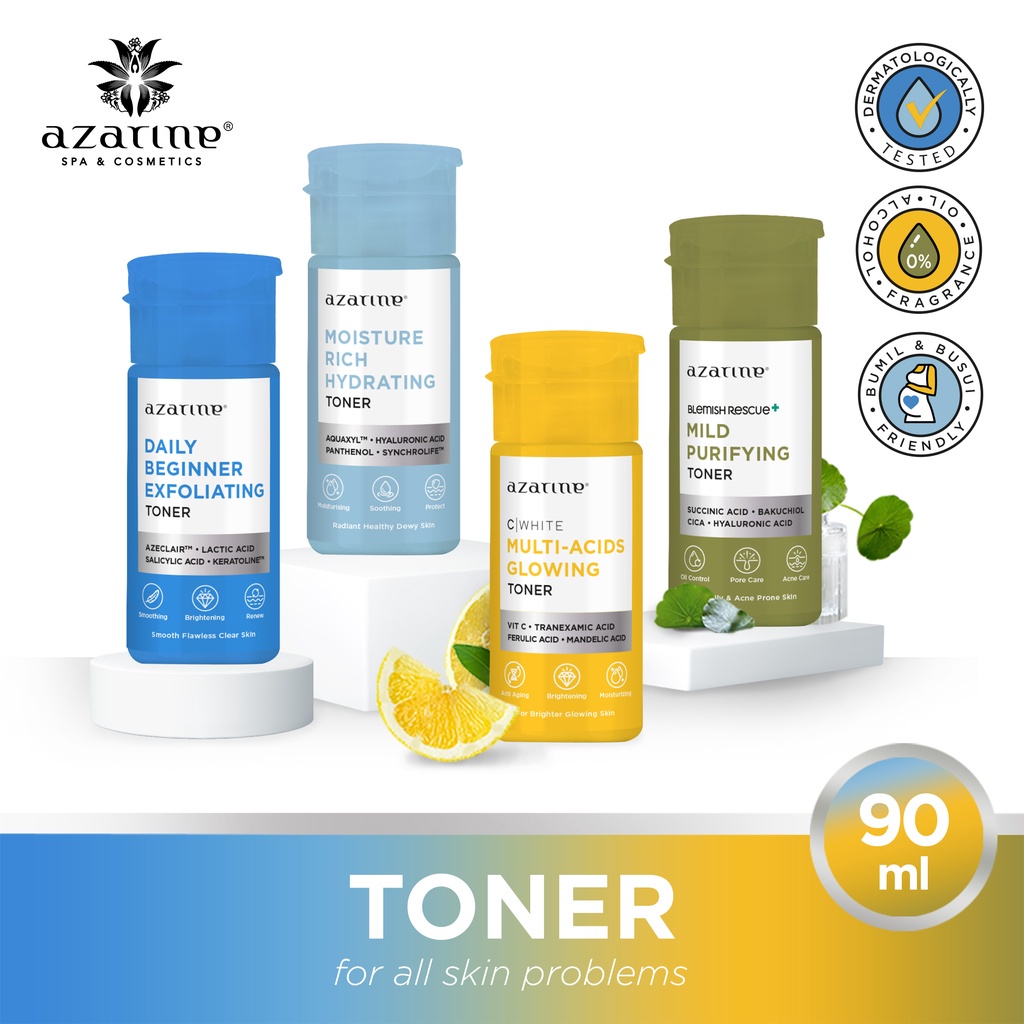 Azarine Face Toner Series - Multi Acids Glowing Toner / Mild Purifying Toner /  Moisture Rich Hydrating Toner / Daily Beginner Exfoliating Toner Original BPOM