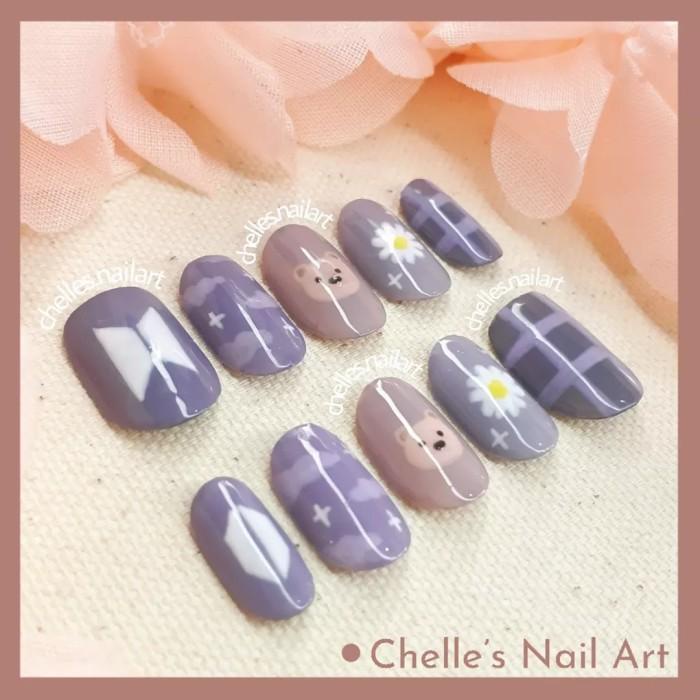 Fakenail Bts Purple Bear Nails Custom Fake Nails Kuku Palsu Handmade Murah