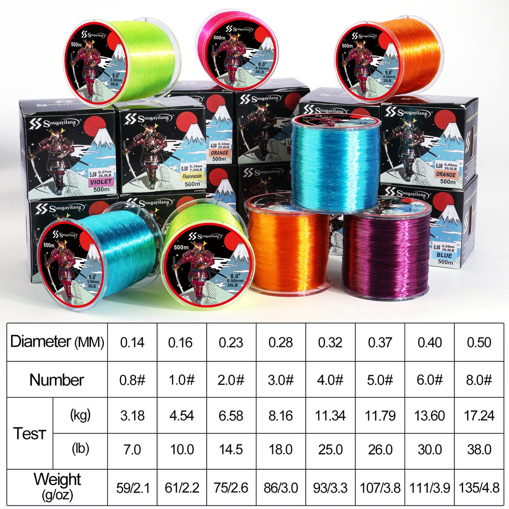 Sougayilang 500m (5Color) New Nylon Fishing Line  Super Strong Fishing Line 7-38LB Colorful Fishing Line Pancing