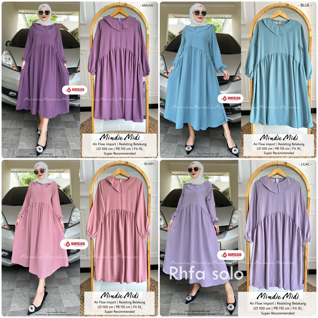 MINDIE MIDI DRESS / 19.7 / BAHAN ARIFLOW PREMIUM / LD 100 CM / PB 110 CM / ALLSIZE / FIT XL / MARVELOUS