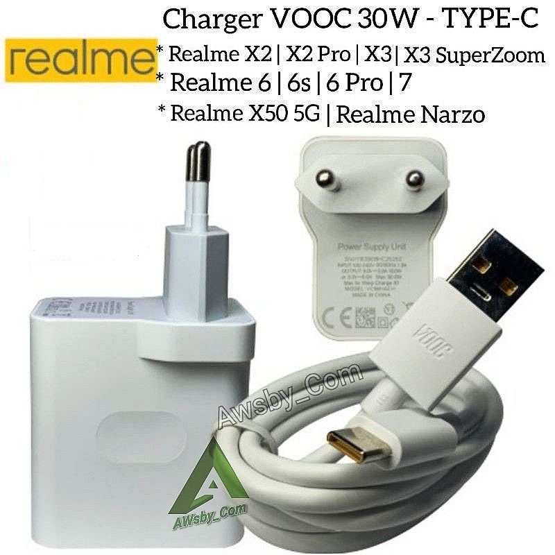 CHARGER REALME 30W USB TYPE C SUPER VOOC REALME 6/ 6 PRO/ 7/ 7i/ NARZO/ X2/ X3/ XT/ X50