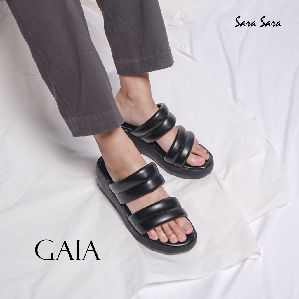 Sara Sara Gaia Sendal Wedges Wanita Casual Sandal Cewek Ban Dua Kulit Hak Tinggi Size 36-40