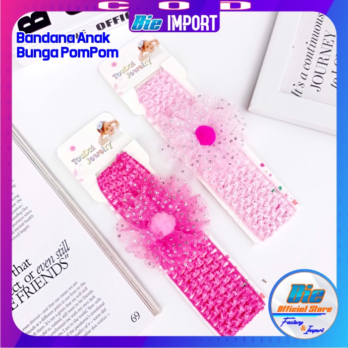 Bandana Anak Korea Pink Bunga Pompom Uniq Impor Best Seller